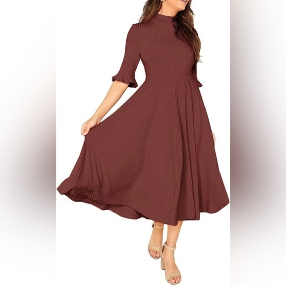Women’s 3/4 Long Sleeve Ribbed Knit Fit Flare Midi Dress Burgundy Wine Large